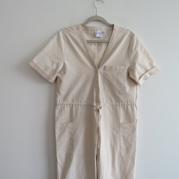 PRINCESS POLLY Linen Blend Utility Boilersuit Jumpsuit in Oatmeal - Size US 4 - Picture 3 of 16